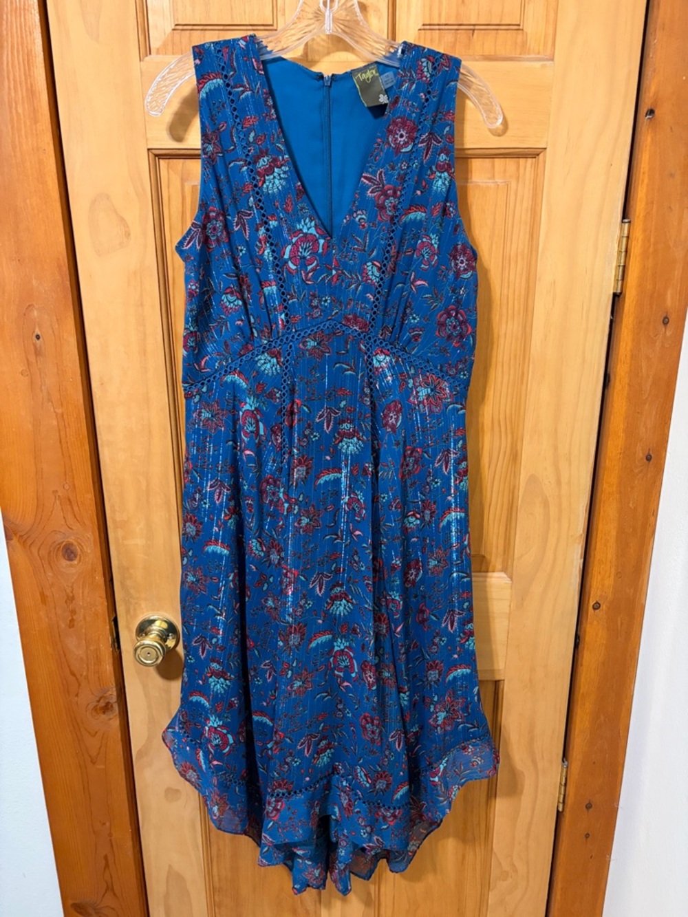 Taylor Teal Blue Floral High-Low V-Neck Dress